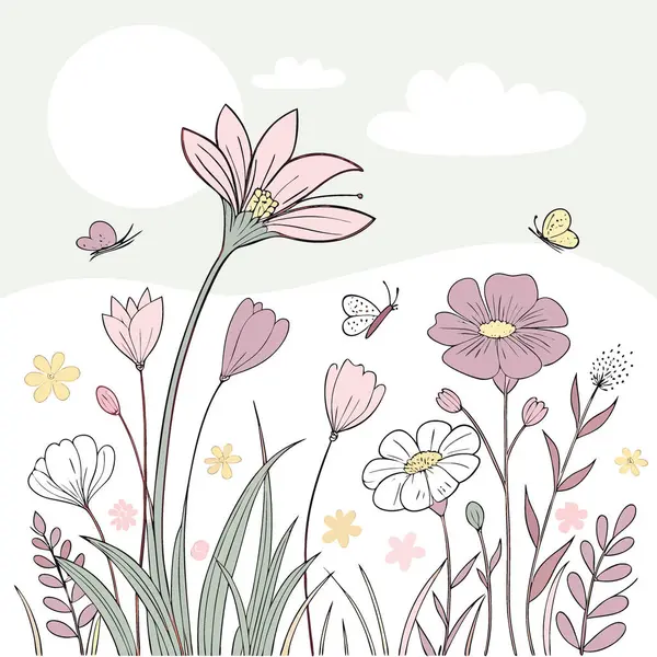 Yumuşak odaklı bahar çayırı. Hafif güneş ışığı altında renkli kır çiçekleri. Yapay zeka üretildi. Vektör simgesi