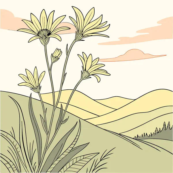 Altın Saat Çiçekleri sarı kır çiçekleri, yapay zekanın ürettiği yumuşak rüya gibi güneş ışığında parıldıyor. Vektör simgesi