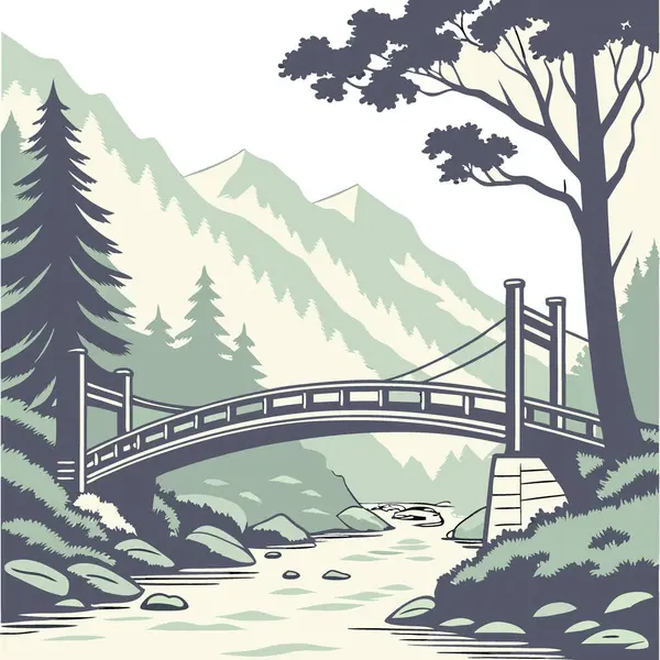 Kamikochi 'deki yemyeşil çimlerin ortasında Azusa Nehri üzerindeki Kappa Köprüsü. Japonya 'da yapay zeka üretildi. Vektör simgesi