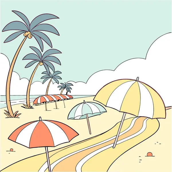 Güneşli bir plaj gününde şemsiyeler açık hava etkinlikleri yaz teması. Yapay zeka üretildi. Vektör simgesi