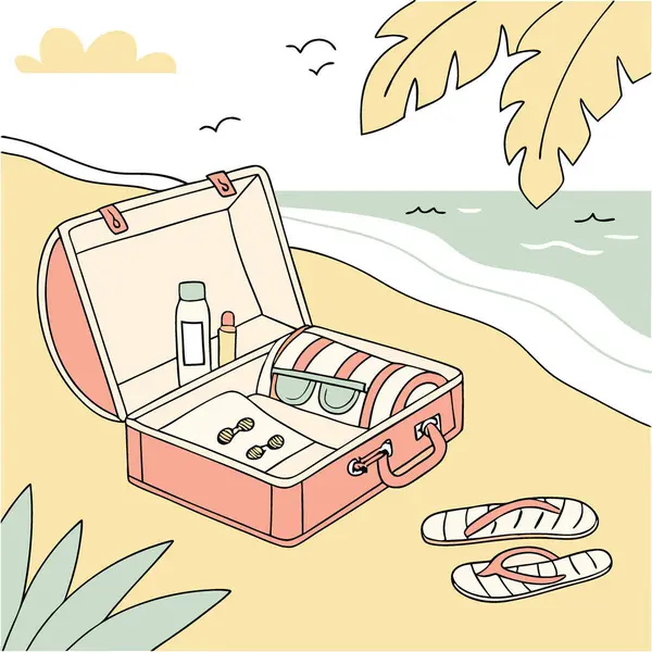 Kumsal hazırlama aksesuarları kumsalda dinlenen bir bavula konur. Yapay zeka üretildi. Vektör simgesi