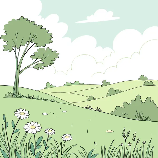 Yeşil tarla ve beyaz bulutlu mavi gökyüzü. Doğa geçmişi. Uzayı kopyala, yapay zeka üretildi. Vektör simgesi