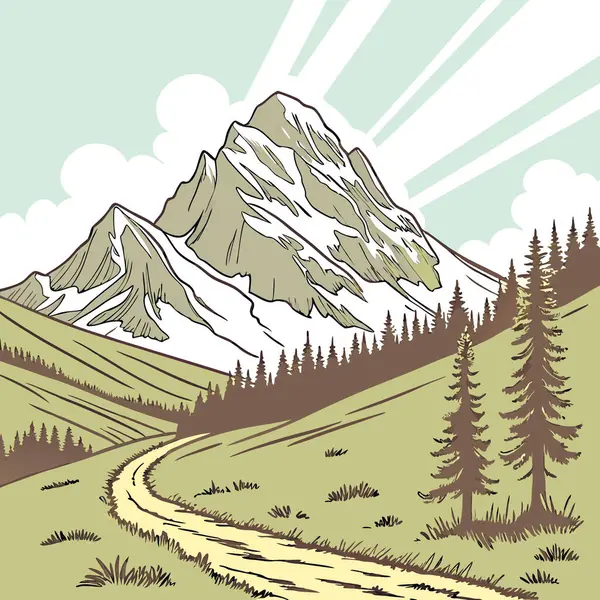 Güneşli bir günde Borah Peak Idaho 'nun en yüksek dağına giden yürüyüş yolu. Yapay zeka üretildi. Vektör simgesi