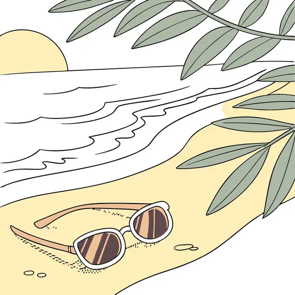 Kumlu kumsalda dinlenen şık güneş gözlükleri okyanus tarafından mükemmel bir yaz havası uyandırır. Yapay zeka üretildi. Vektör simgesi