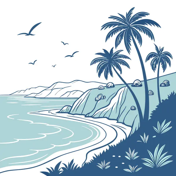 Arka planda palmiye ağaçları olan güzel mavi bir okyanus. Görüntü. Yapay zeka üretildi. Vektör simgesi