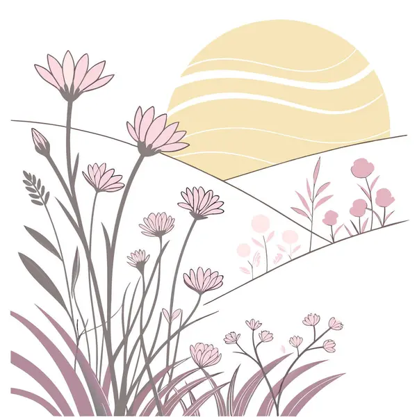 Hassas çiçeklerle dolu bir tarlada gün doğumu. Yumuşak pastel çiçekler ve altın ışık yapay zekayı oluşturdu. Vektör simgesi