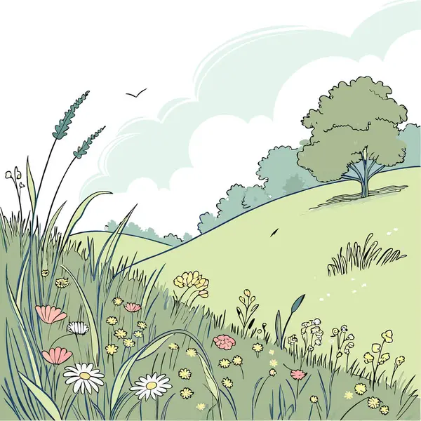 Güzel güneşli bir günde kır çiçekleri ve otlarla dolu doğal yaz çayırları. Yapay zeka üretildi. Vektör simgesi