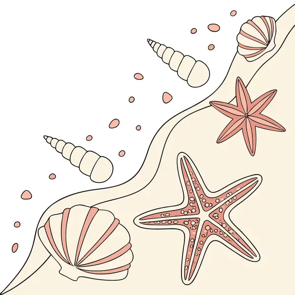 Yaz tatili temalı bej arka planda deniz kabukları ve deniz yıldızları. Yapay zeka üretildi. Vektör simgesi