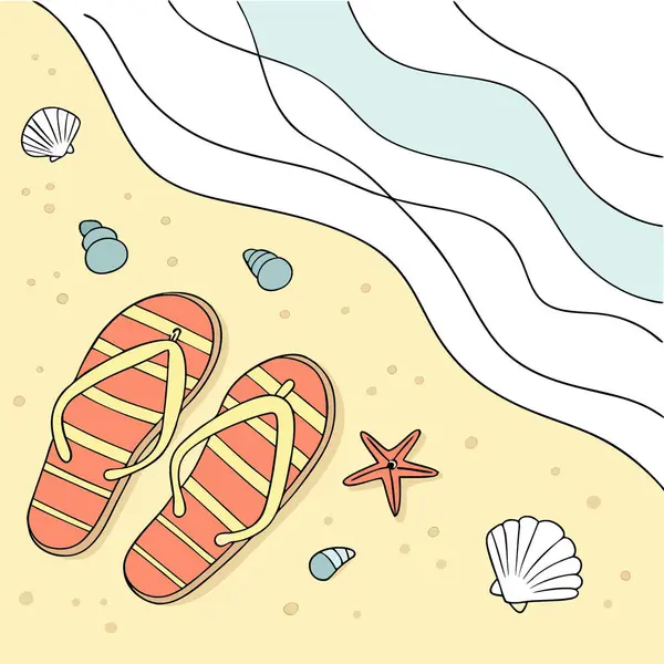 Deniz kabukları ve yumuşak okyanus dalgalarıyla kumlu sahilde dinlenen renkli terlikler. Yapay zeka üretildi. Vektör simgesi