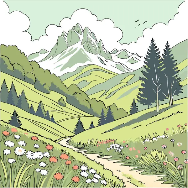 Yaz mevsiminde çiçek açan çayırları olan Alpler 'deki ideal dağ manzarası. Yapay zeka üretildi. Vektör simgesi