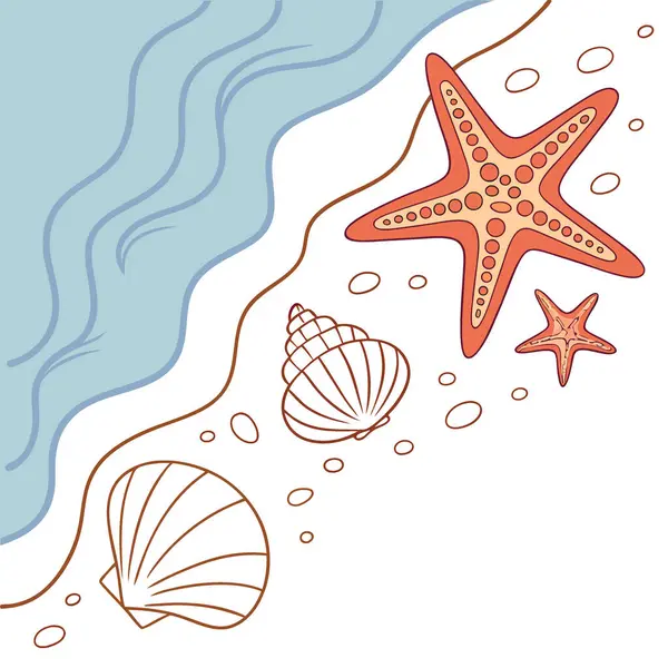 Deniz kabukları. denizyıldızı. Mavi üzerine kum sınırı. Yaz plajı geçmişi. Tasarım şablonu. Yapay zeka üretildi. Vektör simgesi