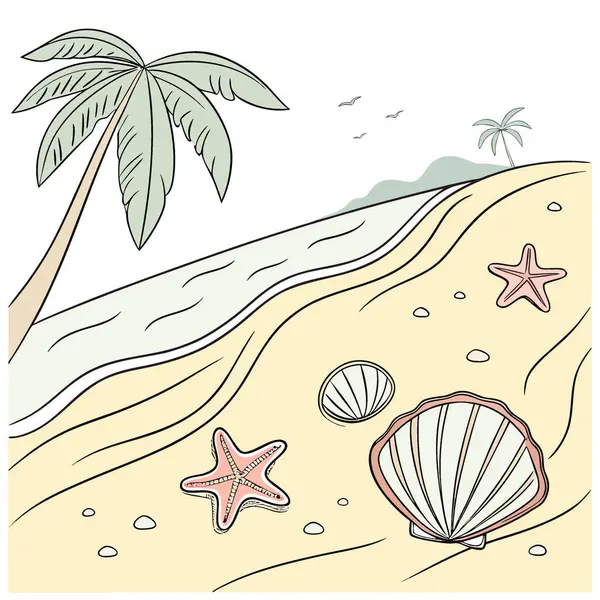 Kumdaki deniz kabukları. Yazın deniz tatili arka planında metin için yer var. Üst görünüm yapay zeka üretildi. Vektör simgesi