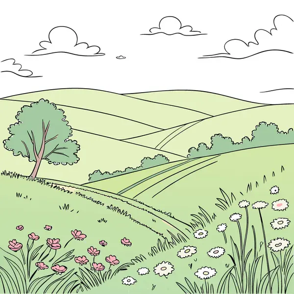 Nova Scotia 'da hafif tepelerin yer aldığı sakin yaz manzarası yumuşak güneş ışığıyla yıkandı. Yapay zeka üretildi. Vektör simgesi