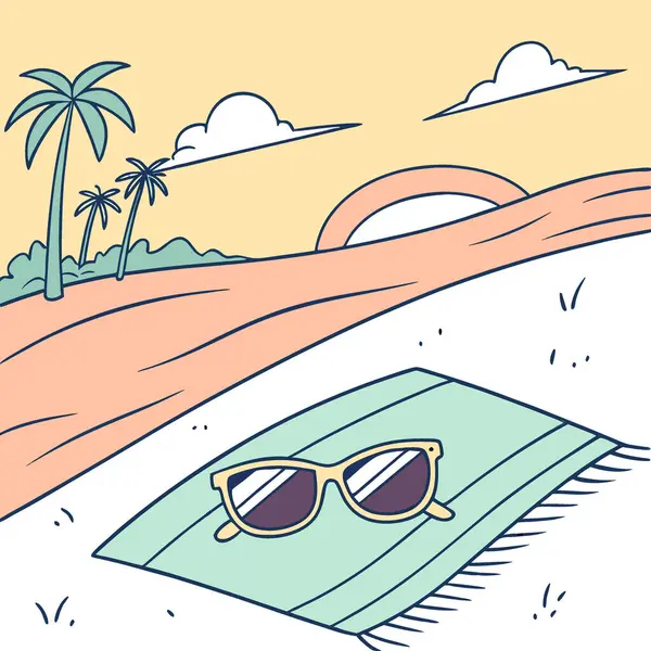 Sıcak yaz mevsiminde güneşli plaj havlusu ufkunda dinlenen şık güneş gözlükleri. Yapay zeka üretildi. Vektör simgesi