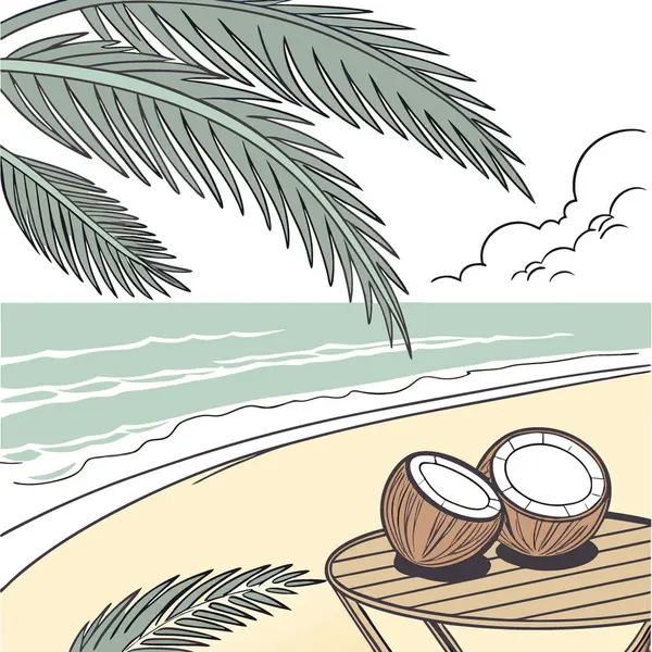 Palmiye yapraklı yaz tatili geçmişi. Okyanus dalgaları. Ve masada olgun hindistan cevizleri. Yapay zeka üretildi. Vektör simgesi