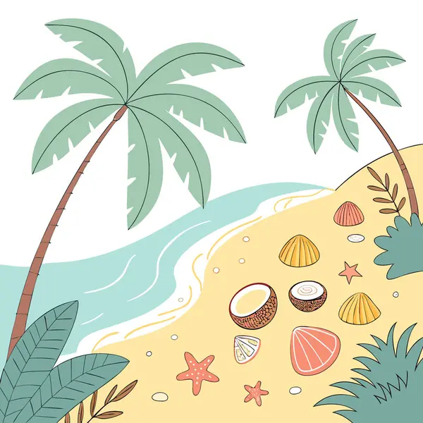 Yaz dekoru ve tasarımı için deniz kabukları ve hindistan cevizli canlı tropikal plaj sahnesi. Yapay zeka üretildi. Vektör simgesi