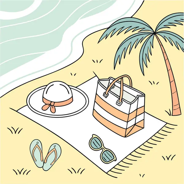 Plaj Özellikleri: Güneş Şapkası Havluları Güneş Gözlükleri ve Güneşli Yaz Sahnesinde Terlikler. Yapay zeka üretildi. Vektör simgesi