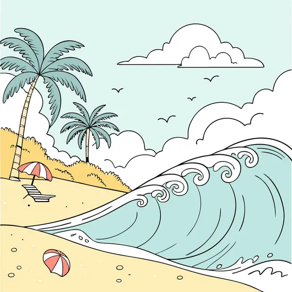 June Summer sahnesi dalgaları vuruyor güneşli bir gün Güzel deniz manzarası parlak mavi gökyüzü. Yapay zeka üretildi. Vektör simgesi