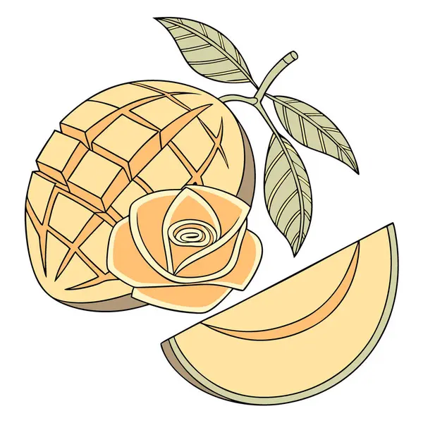 Tropik Temmuz tatlıları için gül şeklinde oyulmuş mango. Yapay zekanın ürettiği beyaz bir arka planda izole edilmiş. Vektör simgesi