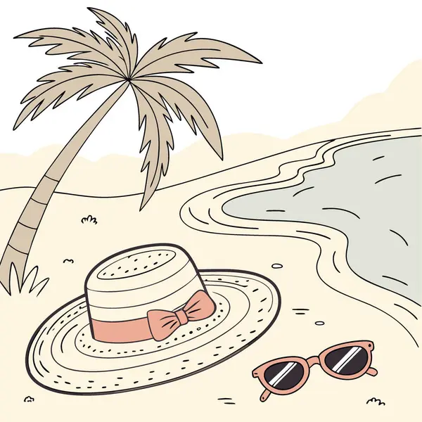 Yaz tatili web siteleri ve seyahat promosyonları için kumlu sahilde hasır şapka ve güneş gözlüğü. Yapay zeka üretildi. Vektör simgesi