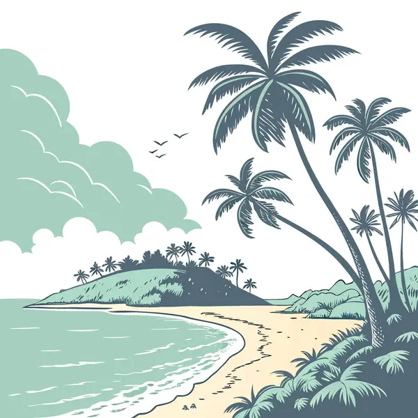 Haziran. Sandy Beach 'in yaz dönemi geçmişi. Okyanus. Gökyüzü. ve bulutlar. Tropik ada cenneti yapay zeka üretti. Vektör simgesi