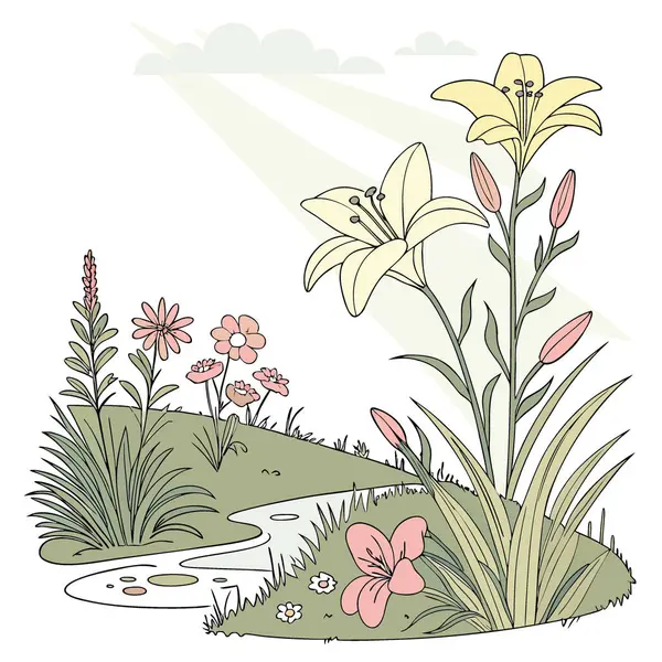 Rengarenk çiçek tarlasına yansıyan zambak çiçekleri ve doğal güneş ışığı arka plan sahnesi. Yapay zeka üretildi. Vektör simgesi