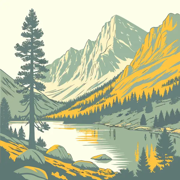 Sierra Nevada Dağları yakınlarındaki Parker Gölü 'nün Haziran Gölü büyüleyici manzarası. Yapay zeka üretildi. Vektör simgesi