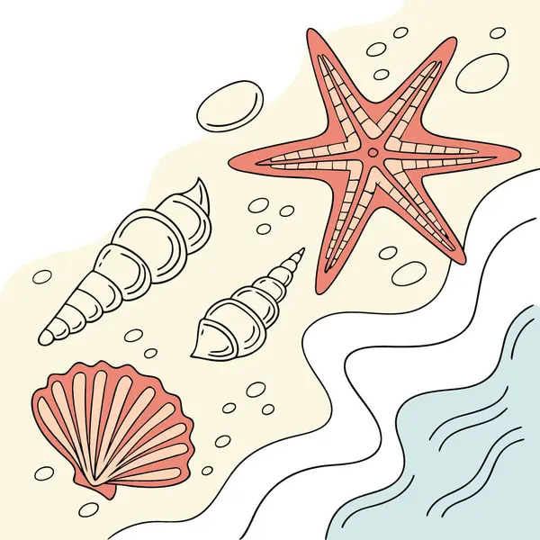 Deniz kabukları ve deniz yıldızları kumlu bir plaj arka planında Al 'ın oluşturduğu canlı bir yaz sahnesi sunuyorlar. Vektör simgesi