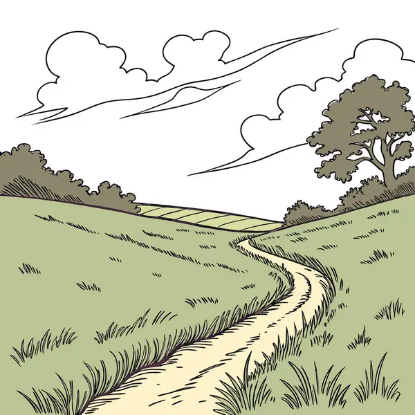 Dar bir toprak yol, uzaktaki mavi gökyüzü ve ağaçlarla yeşil çimenli bir tarlaya çıkıyor. Yapay zeka üretildi. Vektör simgesi
