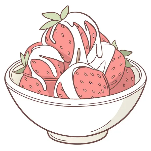 Kremalı süt veya peynir sosuna bulanmış bir kase çilek ve kremalı lezzetli çilek. Yapay zeka üretildi. Vektör simgesi