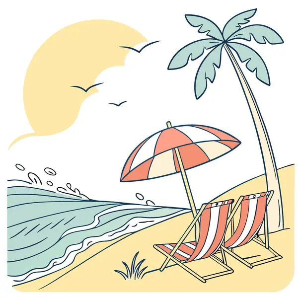Sahilde dalgaların çarptığı plaj sandalyeleri ve şemsiyeler. Yaz. Yaz titreşimleri. Rahatlatıcı. Yapay zeka üretildi. Vektör simgesi