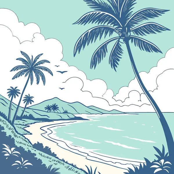 Palmiye ağaçlarıyla güzel bir plaj sahnesi. Mavi gökyüzü. Ve beyaz bulutlar. Yapay zekanın ürettiği turkuaz okyanusu çerçevelemek. Vektör simgesi