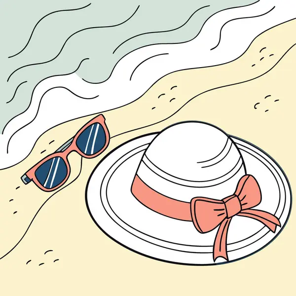 Kapalı kapılar ardında dalgalar olan kumlu sahilde duran şık yaz şapkası ve güneş gözlüklerinin fotoğrafını çek. Yapay zeka üretildi. Vektör simgesi