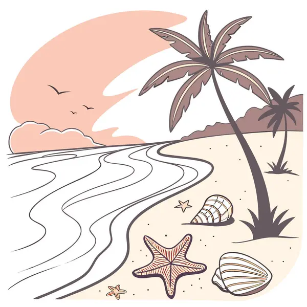 Deniz kabukları ve Denizyıldızı, Günbatımında Nazik Dalgalarla Tropikal Kaçış 'ta Kucaklaşır ve... Yapay zeka üretildi. Vektör simgesi