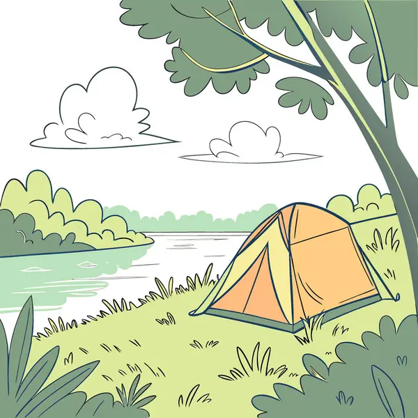 Güzel bir yaz gününde sakin bir gölün yakınındaki yeşil çimlerin üzerine canlı bir turuncu çadır kurulur. Yapay zeka üretildi. Vektör simgesi