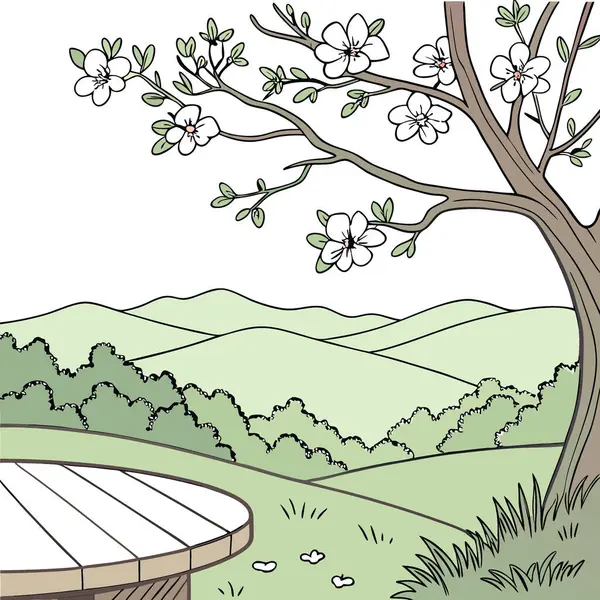 Arkaplanda yeşil bir vadi ve dağ manzarası olan boş ahşap bir masa. Yapay zeka üretildi. Vektör simgesi