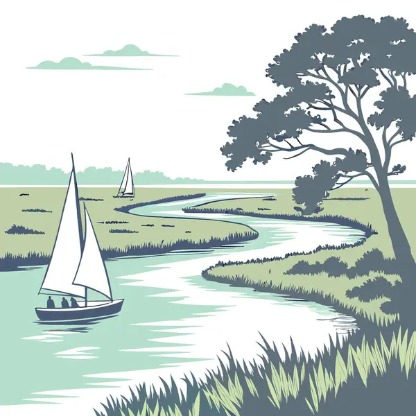 Charleston 'daki Lowcountry Marsh Manzarası. Güney Carolina. Mavi gelgit Cooper Nehri 'ni geçen yelkenliler. Yapay zeka üretildi. Vektör simgesi