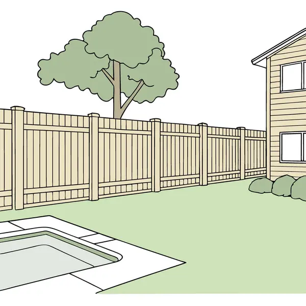 Ahşap çitleri ve açık havada yüzme havuzu olan modern bir çimen bahçesi yapay zeka ürünü. Vektör simgesi