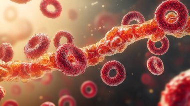 Kırmızı kan hücreleri ve DNA ipliği, detaylı görünüm