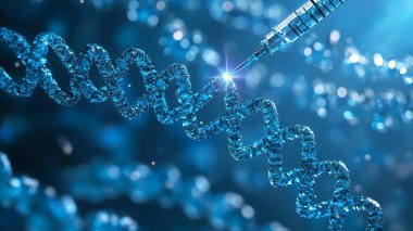DNA sarmalı ve şırınga, mavi soyut arkaplan