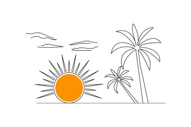 Gün batımı, güzel manzaranın kesintisiz tek çizgi çizimi.