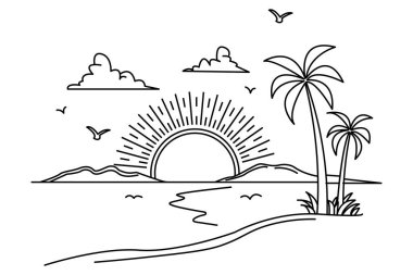 Gün batımı, güzel manzaranın kesintisiz tek çizgi çizimi.