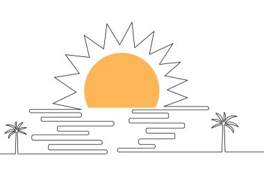 Özet vektör çizimi ve minimalist tasarımı olan aralıksız Sunset One Line Art çizimi.