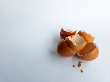 Beyaz arka planda izole edilmiş tavuk yumurtası parçaları var.