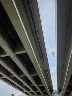 Kiriş kirişli sağlam beton bir yapısı olan üst geçitin perspektiften görünüşü. İnce bulutlu mavi gökyüzü köprünün boşlukları arasında belli belirsiz görünür..