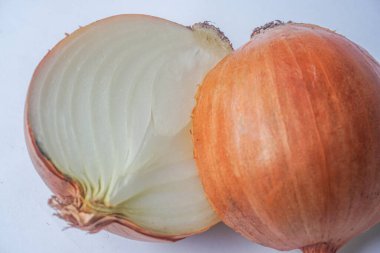 Beyaz arkaplanda iki parçaya ayrılmış soğan ya da Allium cepa L 'nin iç yüzey dokusu