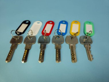 Açık mavi arkaplanda izole edilmiş renkli anahtarlıklara sahip birkaç anahtar.