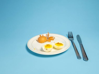 Yakın plan çekimde iki yarısı haşlanmış yumurta, yumurta kabuğu, çatal ve açık mavi zemin üzerinde bıçak bulunan bir tabak yer alır. Yumurtalar mükemmel pişirilmiş, canlı sarı bir sarısı var. Kompozisyon basit ve temiz, fo vurgulanıyor