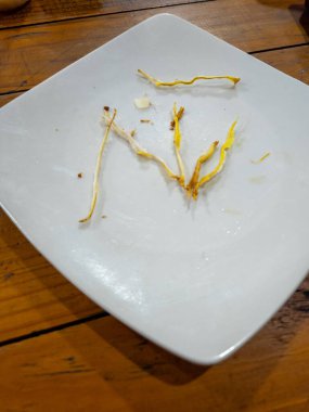 Tahta bir masada yemek yedikten sonra beyaz tabakta kalan yemek.