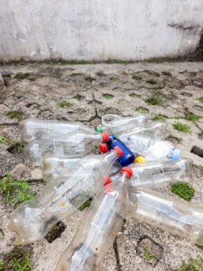 Çöpe atılmış plastik şişeler çatlamış beton bir yüzeye saçılmış. Görüntü, plastik atık ve kirlilik sorununu vurguluyor. Toplantının odak noktası çevresel etkinin uygunsuz imha edilmesi. Şişeler çeşitli boyutlarda ve renklerde. Th